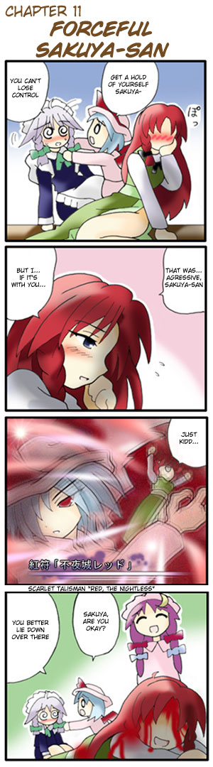 morogami ryou, hong meiling, izayoi sakuya, patchouli knowledge, remilia scarlet, embodiment of scarlet devil, touhou, silver hair, hard-translated, long image, tall image, third-party edit, translated, 4girls, 4koma, :d, @ @, ^ ^, apron, bat wings, bleeding, blood, blue eyes, blue hair, blush, bow, braid, china dress, chinese clothes, closed eyes, comic, crescent, dress, female focus, hair bow, hat, hat bow, long hair, long sleeves, maid, maid apron, maid headdress, multiple girls, night clothes, o o, open mouth, purple hair, red eyes, red hair, sakuya-sans sweet tooth, short hair, sidelocks, smile, speech bubble, star (symbol), twin braids, wings