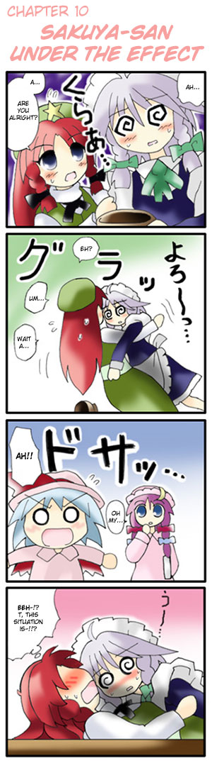 morogami ryou, hong meiling, izayoi sakuya, patchouli knowledge, remilia scarlet, embodiment of scarlet devil, touhou, silver hair, hard-translated, long image, tall image, third-party edit, translated, >:o, 4girls, 4koma, :o, @ @, apron, bat wings, blue eyes, blue hair, blush, book, bow, bowl, braid, china dress, chinese clothes, comic, crescent, dress, female focus, hair bow, hat, hat bow, long hair, long sleeves, maid, maid apron, maid headdress, multiple girls, night clothes, o o, open mouth, purple hair, red hair, sakuya-sans sweet tooth, short hair, sidelocks, speech bubble, star (symbol), sweatdrop, twin braids, v-shaped eyebrows, wings