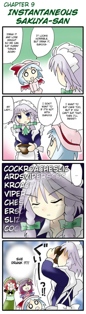 morogami ryou, hong meiling, izayoi sakuya, patchouli knowledge, remilia scarlet, embodiment of scarlet devil, touhou, silver hair, hard-translated, long image, tall image, third-party edit, translated, 4girls, 4koma, :d, ^ ^, apron, bat wings, blue hair, blush, bow, braid, cheering, china dress, chinese clothes, closed eyes, comic, crescent, dress, female focus, grey eyes, hair bow, hat, hat bow, long hair, long sleeves, maid, maid apron, maid headdress, multiple girls, night clothes, o o, open mouth, purple hair, red hair, sakuya-sans sweet tooth, short hair, sidelocks, smile, speech bubble, star (symbol), twin braids, wings