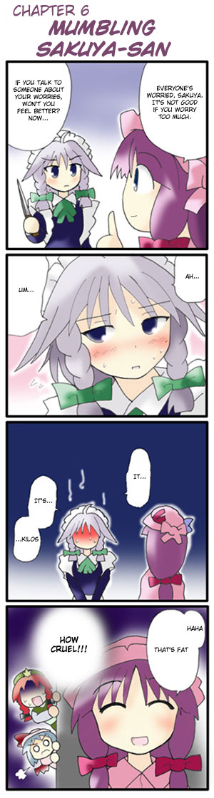 morogami ryou, hong meiling, izayoi sakuya, patchouli knowledge, remilia scarlet, embodiment of scarlet devil, touhou, silver hair, hard-translated, long image, tall image, third-party edit, translated, 4girls, 4koma, :d, ^ ^, angry, bat wings, blue hair, blush, bow, braid, china dress, chinese clothes, closed eyes, comic, crescent, dress, embarrassed, female focus, frown, grey eyes, hair bow, hat, knife, long hair, long sleeves, maid, maid headdress, multiple girls, night clothes, o o, open mouth, purple hair, red hair, sakuya-sans sweet tooth, short hair, sidelocks, smile, star (symbol), sweatdrop, twin braids, v arms, wings
