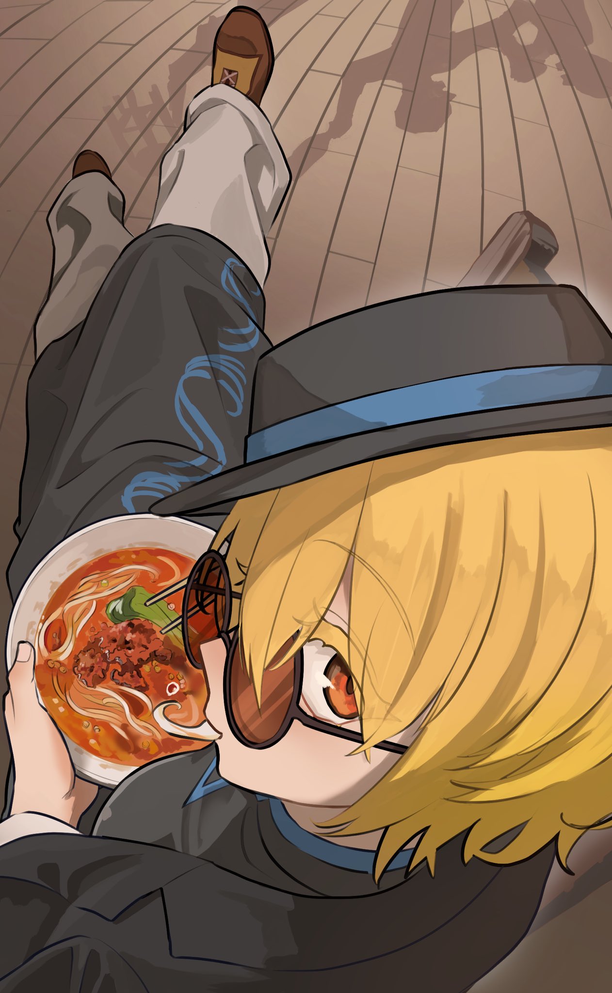 sousaku1853, don quixote (project moon), limbus company, project moon, highres, 1girl, blonde hair, breasts, chair, chinese clothes, chopsticks, cinq association east uniform, eating, floor, food, glasses, hat, jacket, looking at viewer, looking back, multiple boys, noodles, orange eyes, pants, shadow, shoes, sitting, wooden floor