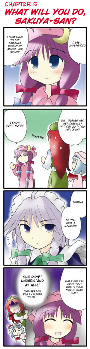 morogami ryou, hong meiling, izayoi sakuya, patchouli knowledge, remilia scarlet, embodiment of scarlet devil, touhou, silver hair, hard-translated, long image, tall image, third-party edit, translated, 4girls, 4koma, ^^^, ^ ^, bat wings, blue eyes, blue hair, blush, book, bow, braid, china dress, chinese clothes, closed eyes, comic, crescent, dress, female focus, frown, grey eyes, hair bow, hat, long hair, maid, maid headdress, multiple girls, night clothes, o o, open mouth, purple hair, red hair, sakuya-sans sweet tooth, short hair, sidelocks, smile, speech bubble, surprised, twin braids, wings
