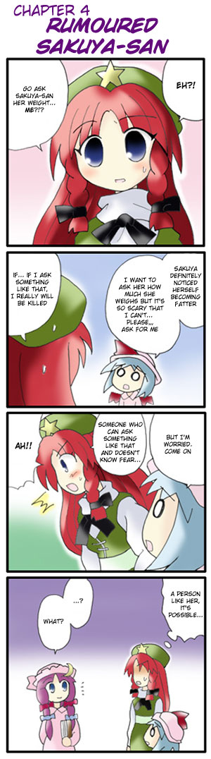 morogami ryou, hong meiling, izayoi sakuya, patchouli knowledge, remilia scarlet, embodiment of scarlet devil, touhou, hard-translated, long image, tall image, third-party edit, translated, 3girls, 4koma, ^^^, arm behind back, bat wings, blue eyes, blue hair, blush, book, bow, braid, china dress, chinese clothes, comic, crescent, dress, female focus, hair bow, hat, hat bow, long hair, long sleeves, multiple girls, night clothes, o o, open mouth, purple hair, red hair, sakuya-sans sweet tooth, short hair, sidelocks, smile, speech bubble, star (symbol), surprised, sweatdrop, twin braids, wings