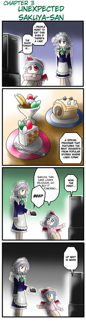 morogami ryou, izayoi sakuya, remilia scarlet, touhou, silver hair, hard-translated, long image, tall image, third-party edit, translated, 0 0, 2girls, 4koma, :d, blue hair, braid, cake, cake slice, comic, controller, female focus, food, fork, hat, maid, maid headdress, multiple girls, o o, open mouth, parfait, pastry, red eyes, remote control, sakuya-sans sweet tooth, sitting, smile, speech bubble, television, twin braids, wings