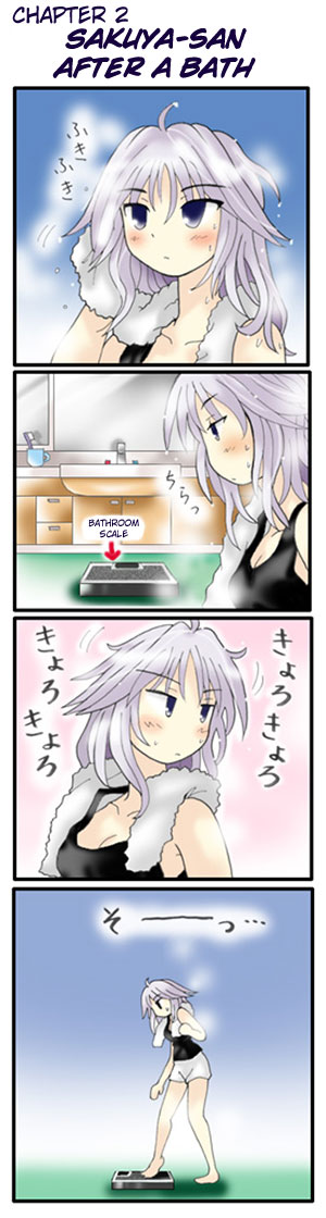 morogami ryou, izayoi sakuya, touhou, silver hair, hard-translated, long image, tall image, third-party edit, translated, 1girl, 4koma, bathroom, bathroom scale, blush, comic, drying, drying hair, female focus, sakuya-sans sweet tooth, tank top, towel, towel around neck, weighing scale