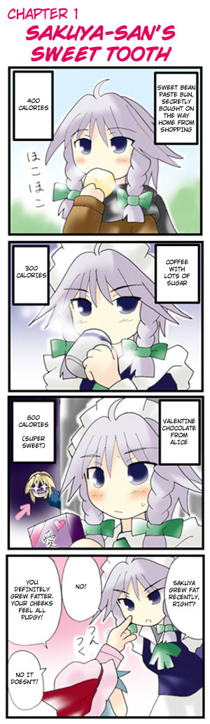 morogami ryou, alice margatroid, izayoi sakuya, remilia scarlet, touhou, green neckwear, silver hair, hard-translated, long image, tall image, third-party edit, translated, + +, 3girls, 4koma, ahoge, arm up, arrow (symbol), blonde hair, blue eyes, blue hair, blush, braid, comic, eating, english text, female focus, food, hat, heart, holding, holding food, long sleeves, maid, maid headdress, multiple girls, sakuya-sans sweet tooth, speech bubble, twin braids
