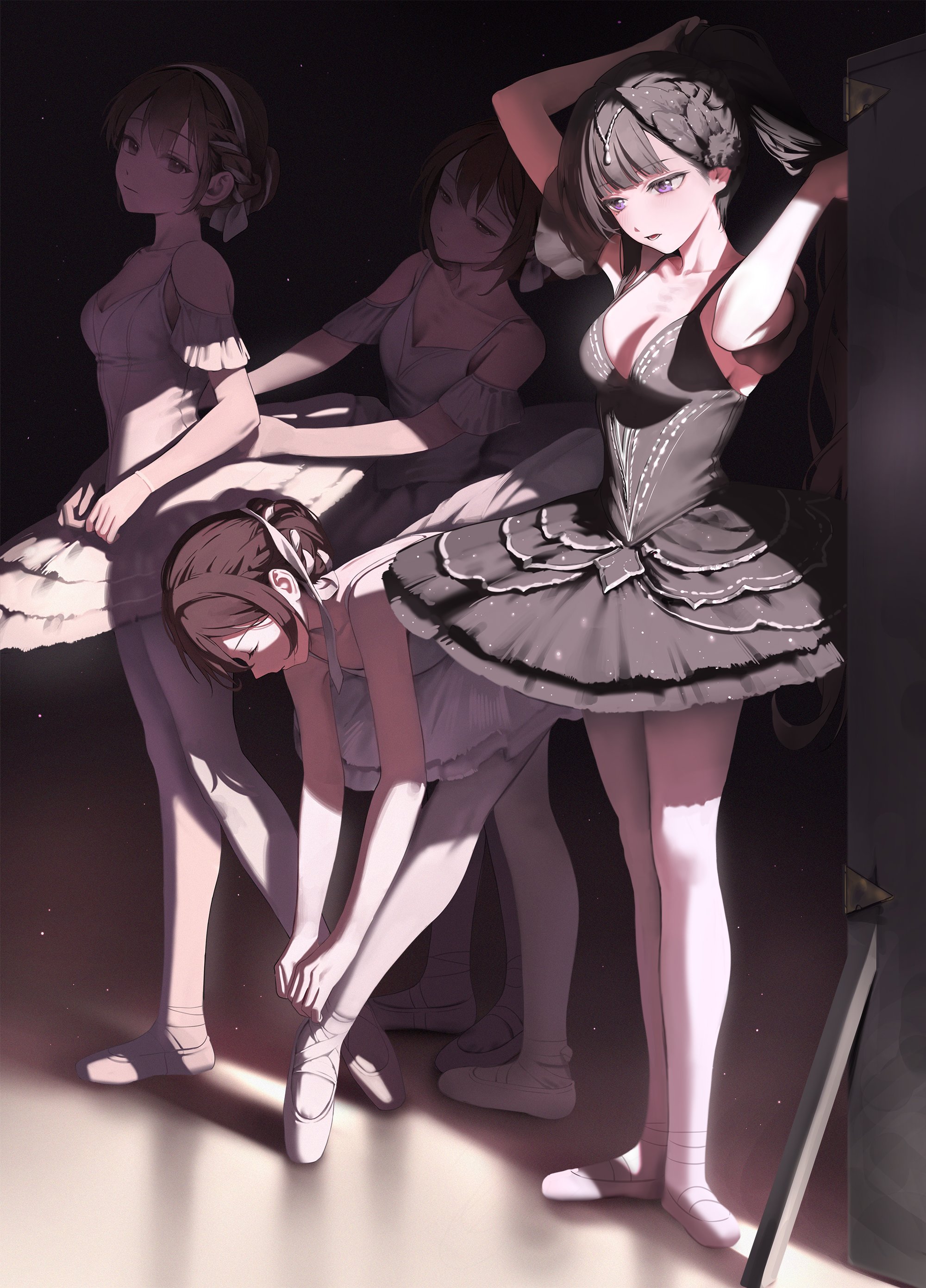 bangsom, maya (bangsom), original, absurdres, highres, 4girls, ballerina, ballet, ballet dress, ballet slippers, balletcore, bare shoulders, black dress, black hair, braid, breasts, brown eyes, brown hair, cleavage, closed eyes, closed mouth, collarbone, dress, hair bun, hair ornament, hair ribbon, leotard, long hair, medium breasts, multiple girls, open mouth, pantyhose, pink pantyhose, purple eyes, ribbon, short hair, stage, teeth, tutu, tying hair, white dress, white pantyhose