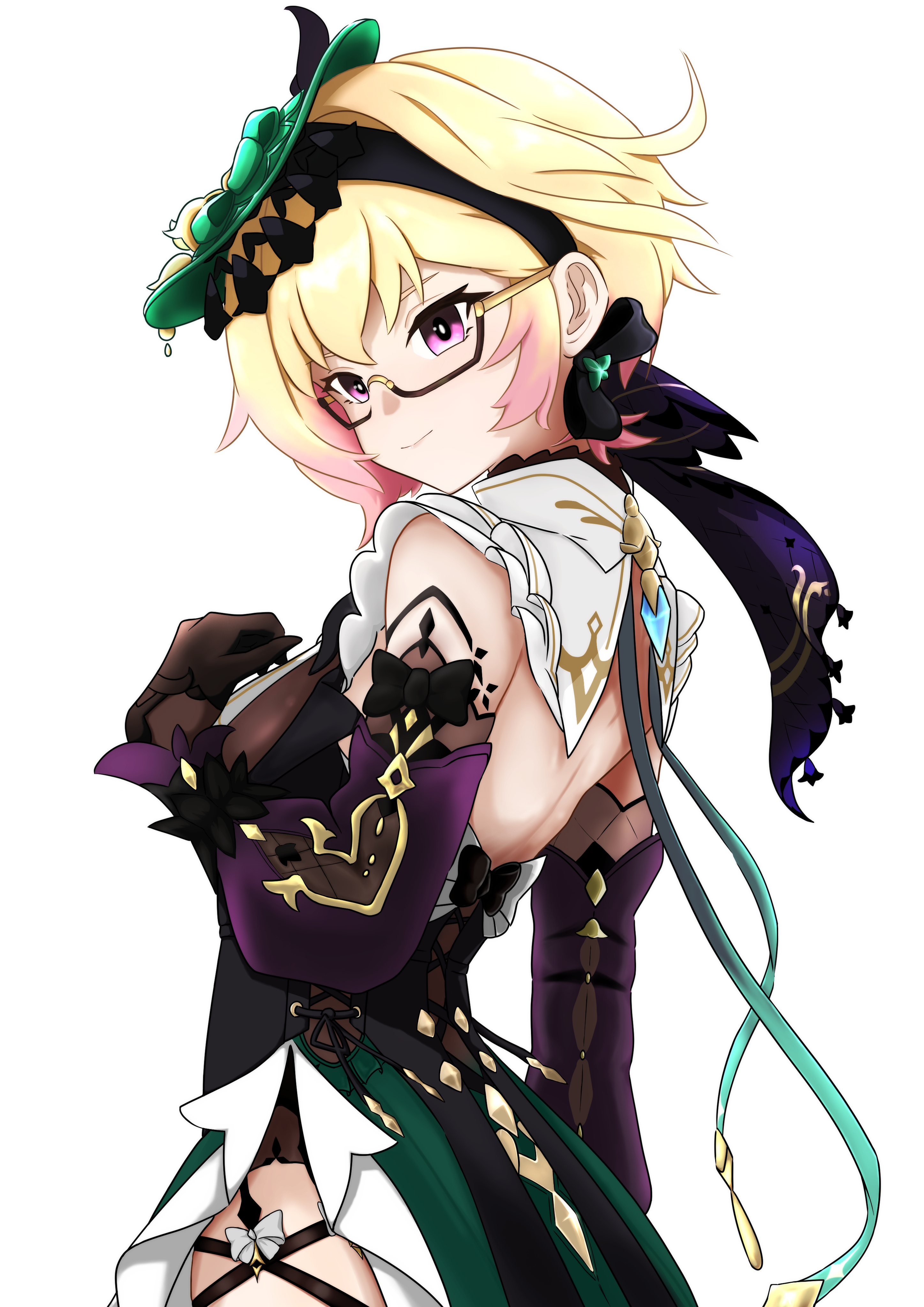 emilie (genshin impact), genshin impact, absurdres, commentary request, highres, partial commentary, 1girl, backless outfit, bare shoulders, black gloves, black hairband, blonde hair, detached sleeves, glasses, gloves, gradient hair, green hat, green skirt, hairband, hat, long sleeves, looking at viewer, multicolored hair, pegio (pnwh5888), pink hair, purple eyes, simple background, skirt, smile, solo, upper body, white background