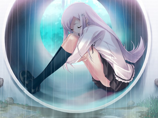 kawata hisashi, lucy maria misora, to heart (series), to heart 2, black legwear, duplicate, game cg, 00s, 1girl, blush, closed eyes, cold, drainpipe, hugging own legs, kneehighs, long hair, pink hair, pleated skirt, rain, school uniform, serafuku, sitting, skirt, socks, solo