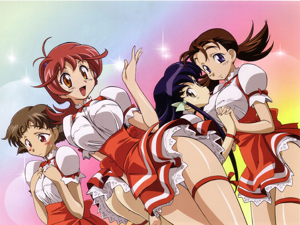 kimura takahiro, aoi anna, hina (godannar), kei (godannar), sakura (godannar), anna miller, shinkon gattai godannar!!, 00s, 4girls, :d, ass, blue eyes, blue hair, blush, breasts, brown hair, high-waist skirt, holding hands, large breasts, multiple girls, no panties, open mouth, orange eyes, panties, purple hair, rainbow background, red eyes, red hair, short hair, skirt, smile, sweatdrop, thigh strap, twintails, underwear, waitress