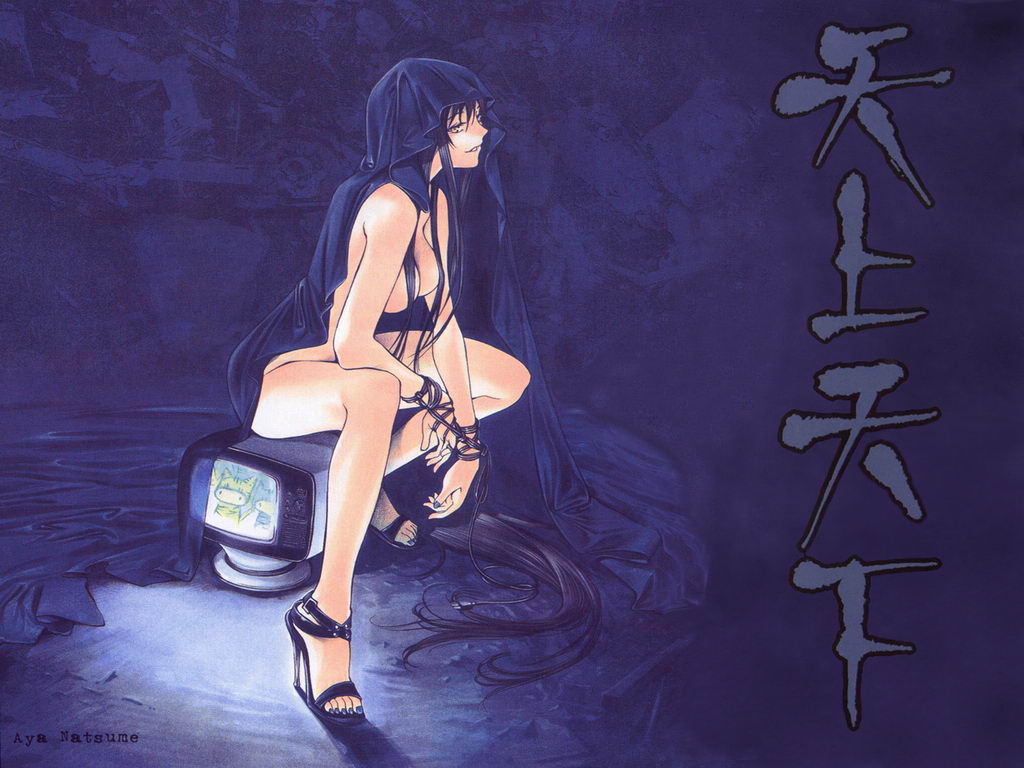 oogure ito, natsume aya, tenjou tenge, 1girl, black hair, blue nails, bottomless, breasts, cape, character name, cloak, copyright name, female focus, hair spread out, high heels, long hair, medium breasts, nail polish, open shoes, shoes, sitting, smile, solo, television, very long hair, yellow eyes