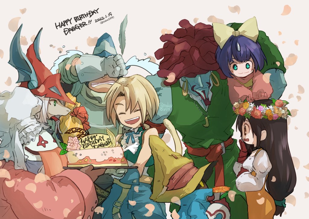 takase toho, adelbert steiner, amarant coral, black mage (final fantasy), freya crescent, garnet til alexandros xvii, quina quen, vivi ornitier, zidane tribal, final fantasy, final fantasy ix, 1other, 3girls, 4boys, aqua eyes, aqua vest, armor, bare shoulders, beard, belt, birthday cake, black choker, blonde hair, blue coat, blue hair, blue pants, blue skin, blue wrist cuffs, bow, brown eyes, brown gloves, brown hair, burmecian, cake, cat tail, character name, chef hat, choker, clenched teeth, closed eyes, closed mouth, coat, colored skin, cropped vest, crying, dated, dreadlocks, earrings, facial hair, falling petals, flower, food, gloves, green pants, green vest, grey gloves, grey hair, hair bow, hair ornament, hair over eyes, hairclip, hand to own mouth, happy birthday, hat, hat feather, head wreath, helmet, holding, holding flower, hoop earrings, horns, jewelry, juliet sleeves, long hair, long sleeves, looking at another, low-tied long hair, mouse girl, multiple boys, multiple girls, open mouth, orange flower, pants, parted bangs, petals, pink coat, pink sweater, plate armor, puffy sleeves, red belt, red gloves, red hair, red helmet, shirt, shoulder tattoo, single horn, smile, streaming tears, sweater, tail, tattoo, tears, teeth, tongue, tongue out, twintails, twitter username, upper body, vest, white shirt, winged helmet, wiping tears, wizard hat, wrist cuffs, yellow bow, yellow eyes