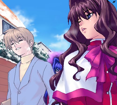 zen, aizawa yuuichi, kitagawa jun, minase nayuki, misaka kaori, kanon, lowres, 1boy, 2girls, blue eyes, blue hair, bow, brown eyes, brown hair, closed eyes, day, glowing, hair intakes, long hair, long sleeves, multiple girls, oekaki, outdoors, pink bow, purple hair, school uniform, serafuku, smile, yandere