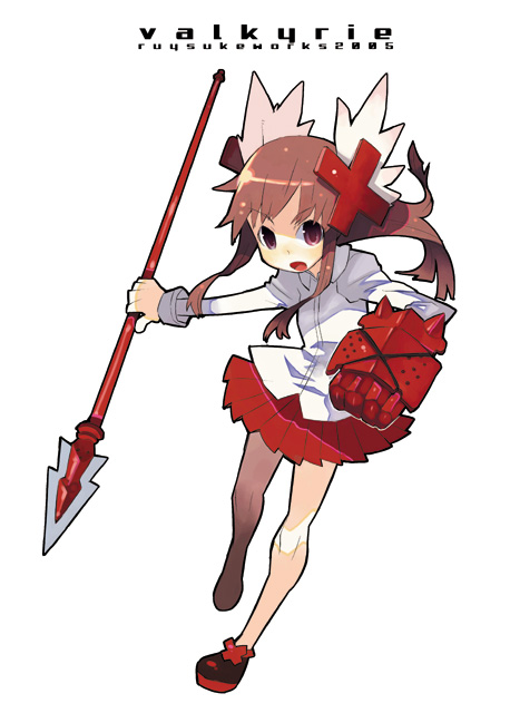 hamamoto ryuusuke, original, 00s, 1girl, 2005, brown hair, dated, female focus, holding, long sleeves, open mouth, polearm, purple eyes, simple background, skirt, solo, weapon, white background