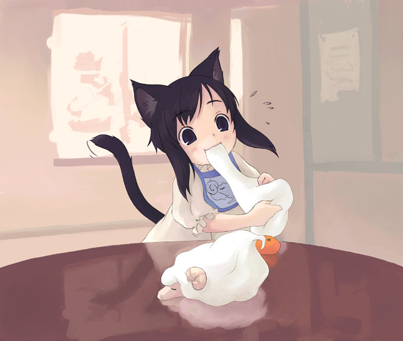 amami mikihiro, original, 1girl, :3, animal ears, bib, black eyes, black hair, blush, cat ears, cat girl, cat tail, child, eating, female focus, food, fruit, indoors, mochi, mochi trail, orange (fruit), sheep, solo, table, tail, tail wagging, wagashi, window