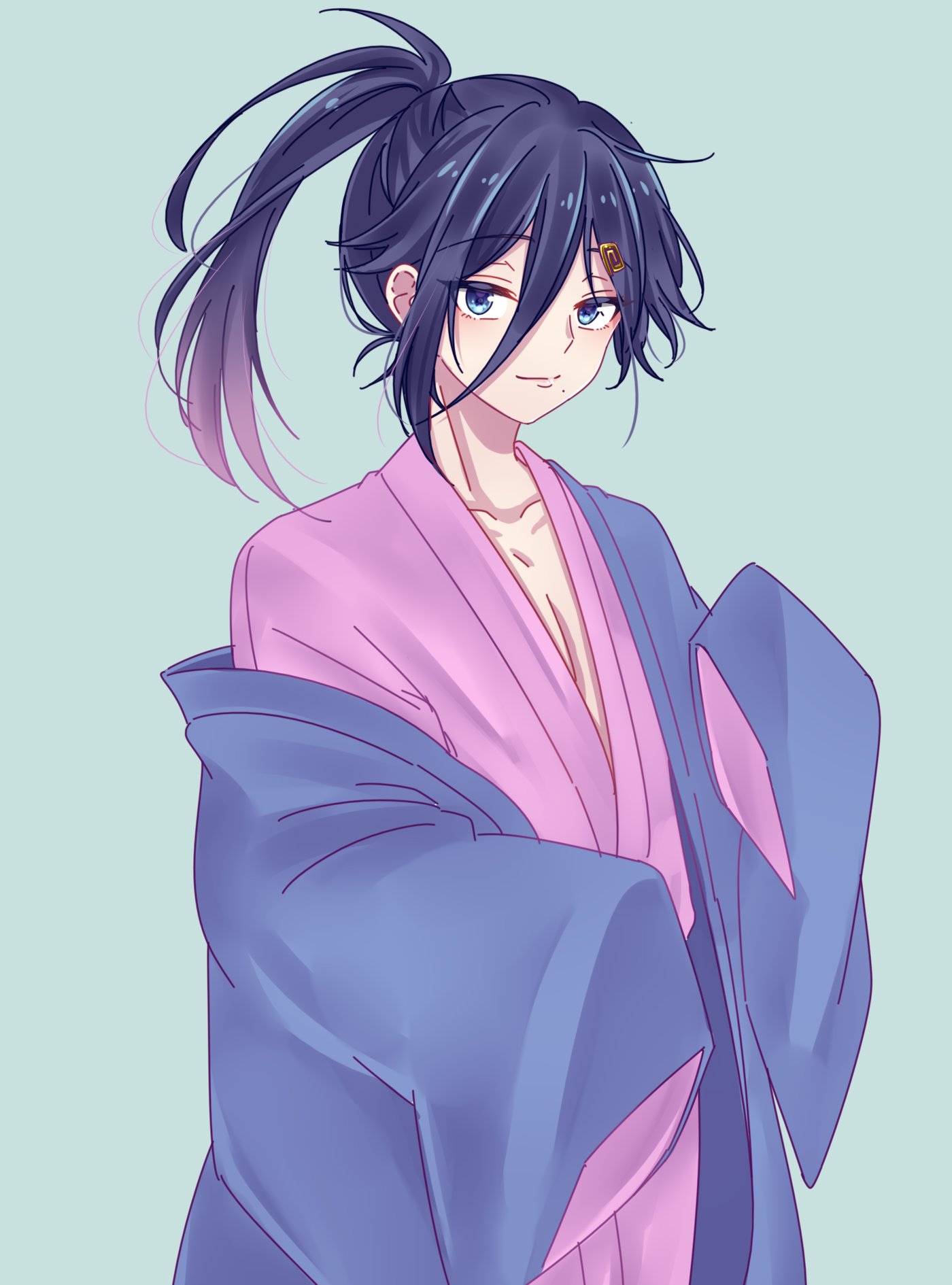 cecilus segmunt, re:zero kara hajimeru isekai seikatsu, highres, ahoge, aqua background, asymmetrical bangs, blue eyes, blue hair, closed mouth, hair between eyes, hair ornament, head tilt, japanese clothes, kimono, layered clothes, long hair, looking at viewer, mole, mole under mouth, open clothes, oshi suko1, ponytail, sash, simple background, smile, smug, upper body, yukata