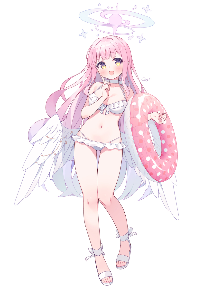 kano hito, mika (blue archive), mika (swimsuit) (blue archive), blue archive, 1girl, :d, bikini, blue hair, blue halo, blush, breasts, choker, feathered wings, finger to cheek, frilled bikini, frills, gradient hair, gradient halo, hair intakes, halo, high heel sandals, holding, innertube, large breasts, long hair, low wings, multicolored hair, multicolored halo, navel, official alternate costume, official alternate hairstyle, open mouth, pink hair, pink halo, sandals, simple background, smile, solo, swim ring, swimsuit, thighs, thong bikini, very long hair, white bikini, white choker, wing ornament, wings, yellow eyes