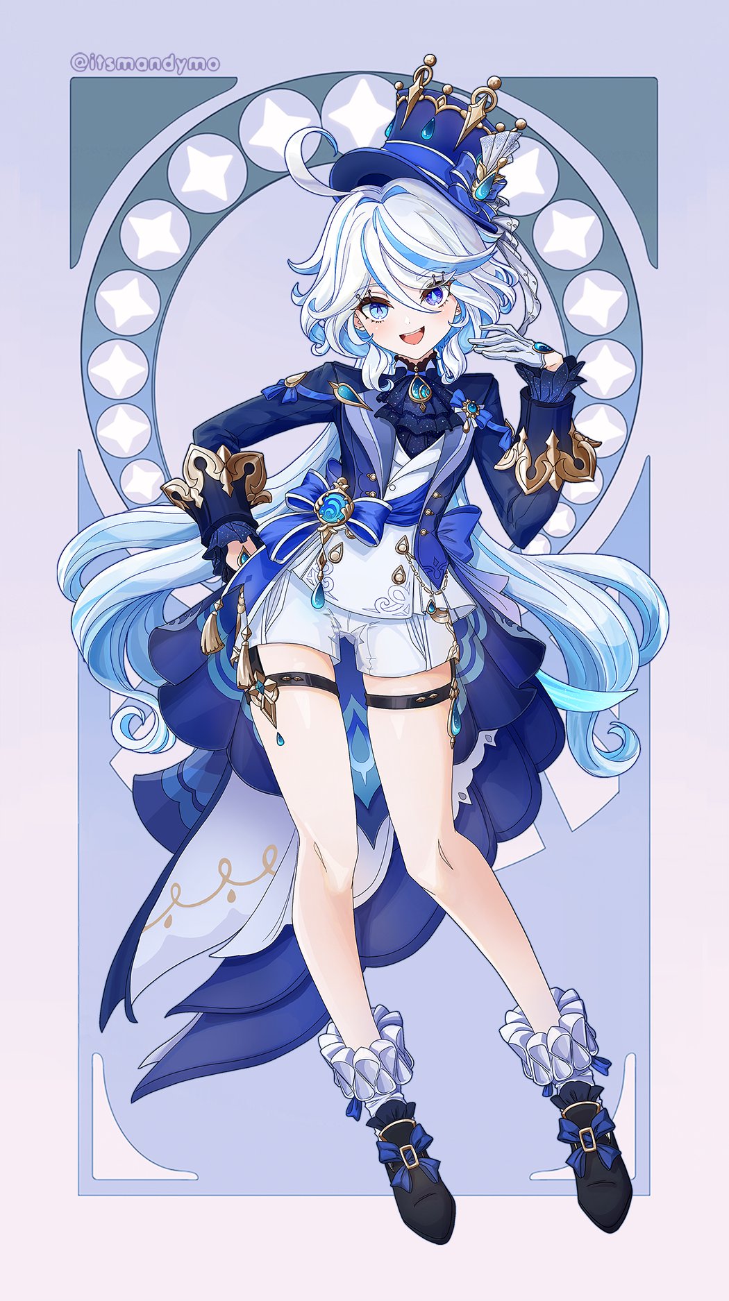 itsmandymo, furina (genshin impact), genshin impact, highres, 1girl, :d, ahoge, ascot, bare legs, black shoes, blue ascot, blue eyes, blue hair, blue hat, blue jacket, brooch, full body, gloves, hand up, hat, jacket, jewelry, long hair, long sleeves, looking at viewer, multicolored hair, open mouth, shirt, shoes, short shorts, shorts, smile, socks, solo, streaked hair, thigh strap, top hat, very long hair, white gloves, white hair, white shirt, white shorts, white socks