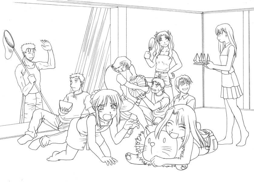machtorii, sage tory, taiga, archer (fate), artoria pendragon (fate), bazett fraga mcremitz, cu chulainn (fate), cu chulainn (fate/stay night), emiya shirou, fujimura taiga, illyasviel von einzbern, matou sakura, pon de lion, saber (fate), tohsaka rin, fate/stay night, fate (series), mister donut, 00s, 4girls, 5boys, :d, ^ ^, barefoot, bazette, butterfly net, closed eyes, electric fan, food, fruit, glasses, greyscale, hand fan, hand net, hand on own hip, holding, lion, long hair, monochrome, multiple boys, multiple girls, open mouth, raglan sleeves, shorts, sitting, skirt, smile, stuffed animal, stuffed lion, stuffed toy, sweatdrop, tears, twintails, watermelon