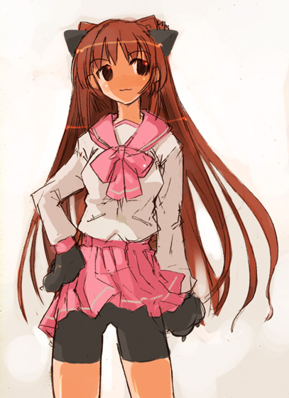 momiji mao, kousaka tamaki, to heart (series), to heart 2, 00s, 1girl, :3, animal ears, animal hands, bike shorts, bike shorts under skirt, cat ears, cat paws, female focus, long hair, long sleeves, pleated skirt, red hair, school uniform, serafuku, shorts, shorts under skirt, simple background, sketch, skirt, solo, white background