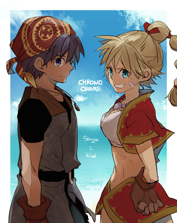 takase toho, kid (chrono cross), serge (chrono cross), chrono cross, 1boy, 1girl, amulet, armor, bandana, bead necklace, beads, black shirt, blonde hair, blue eyes, border, breasts, brown gloves, chainmail, cloud, cloudy sky, copyright name, crop top, cropped jacket, facial mark, gloves, gold trim, grin, hair between eyes, jacket, jewelry, long hair, medium breasts, midriff, miniskirt, multi-tied hair, necklace, print bandana, red bandana, red jacket, red skirt, shirt, short hair, short sleeves, skirt, sky, smile, upper body, white border, white shirt