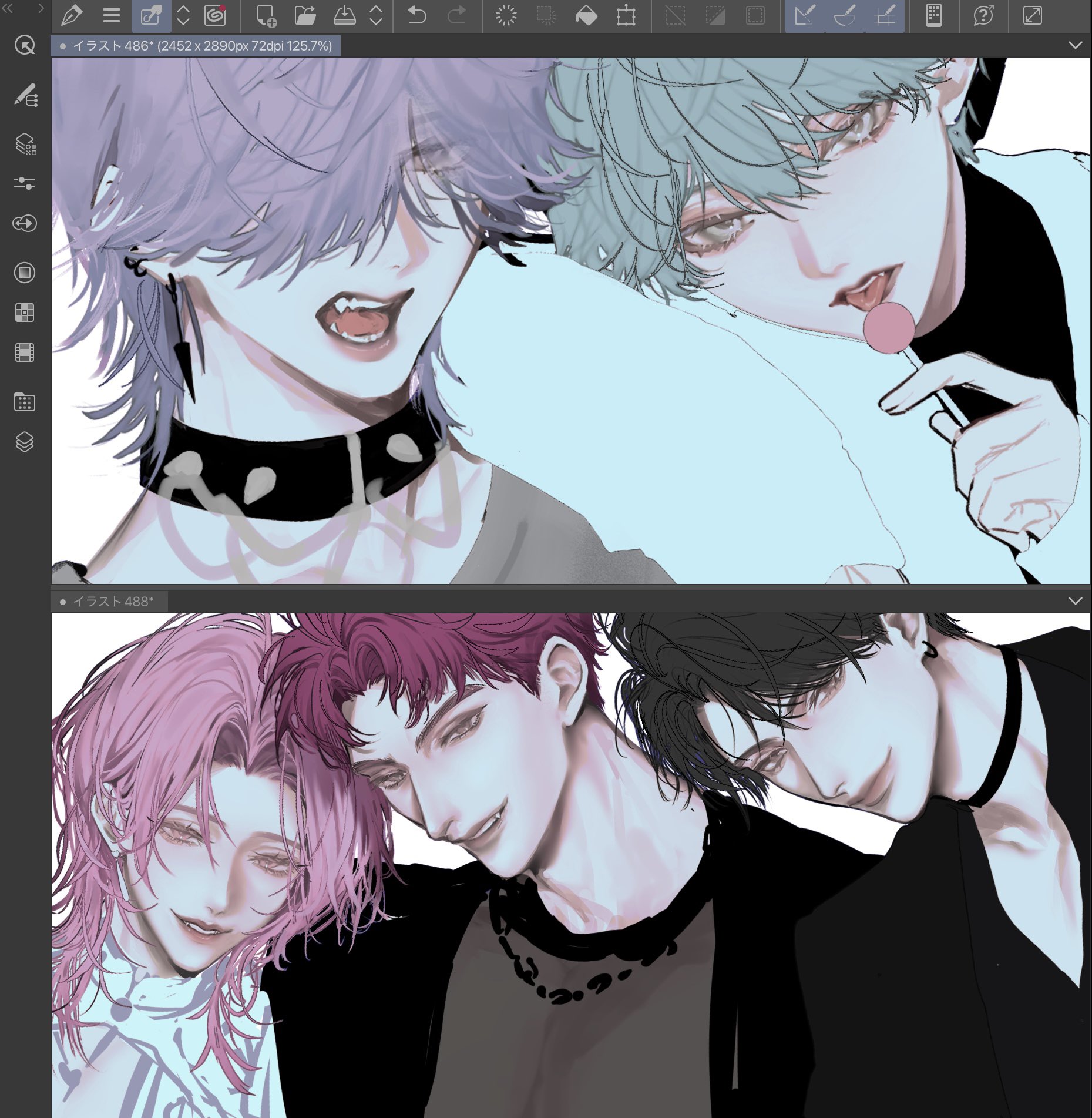 ogai, abby (kpop demon hunters), baby (kpop demon hunters), jinu (kpop demon hunters), mystery (kpop demon hunter), romance (kpop demon hunters), kpop demon hunters, highres, 5boys, art program in frame, black hair, candy, choker, earrings, eyelashes, food, hair over one eye, hat, holding, holding candy, holding food, holding lollipop, jewelry, lollipop, male focus, multiple boys, pink hair, purple hair, simple background, smile