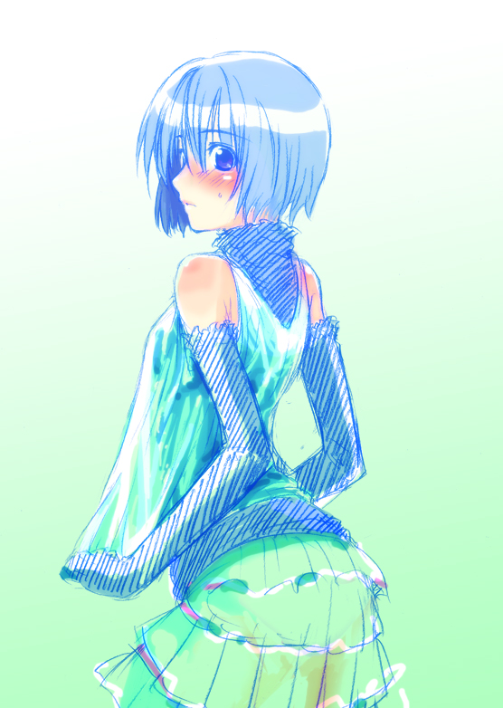 puyo (puyotopia), original, 1girl, bare shoulders, blue eyes, blue hair, blush, elbow gloves, female focus, gloves, layered skirt, matching hair/eyes, shirt tug, short hair, skirt, solo