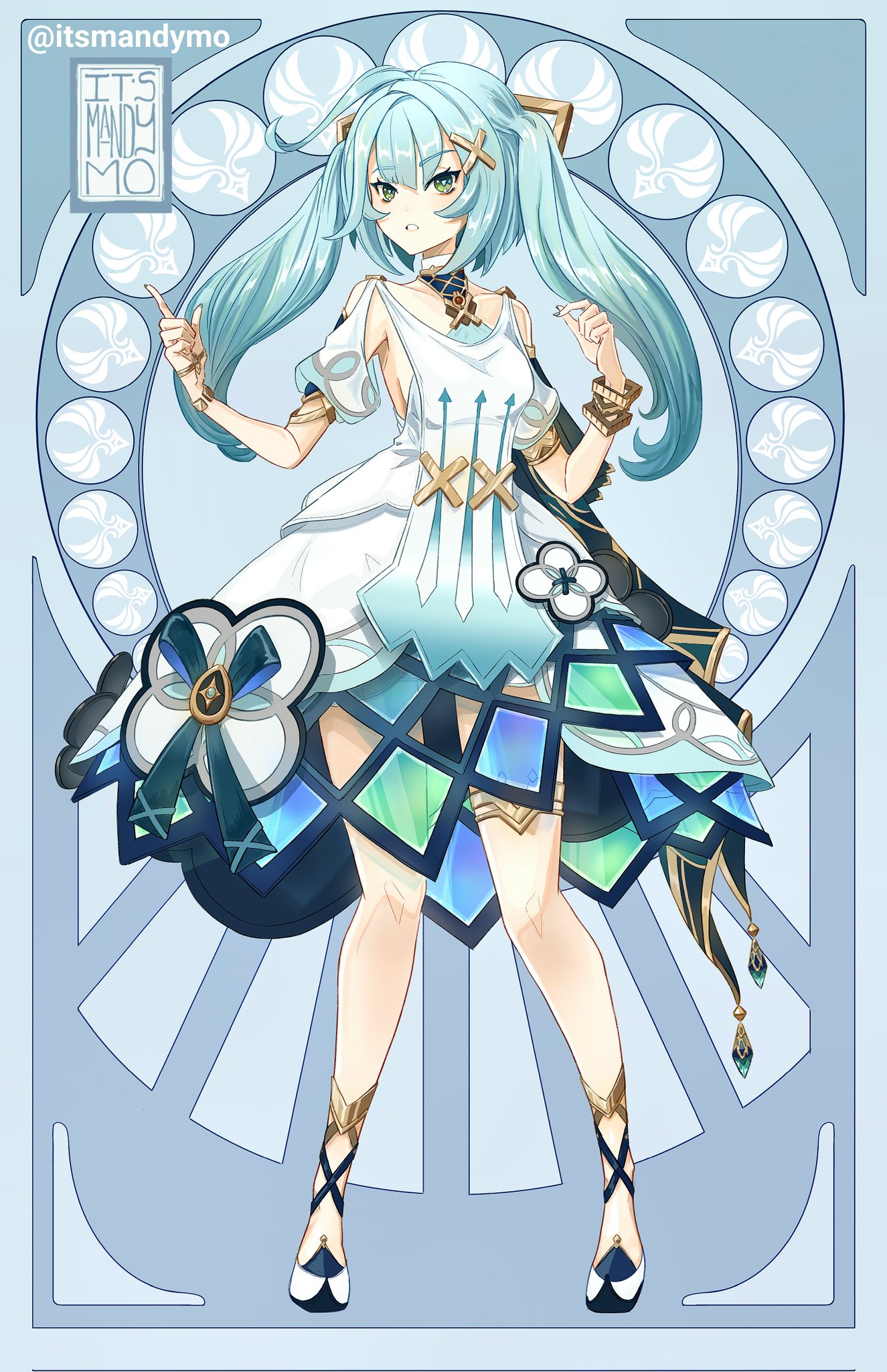 itsmandymo, faruzan (genshin impact), genshin impact, highres, 1girl, aqua hair, armpit cutout, bare shoulders, bracelet, breasts, clothing cutout, collarbone, dress, full body, green eyes, hair ornament, hand up, index finger raised, jewelry, long hair, parted lips, puffy short sleeves, puffy sleeves, shoes, short sleeves, shoulder cutout, small breasts, solo, standing, thighlet, twintails, white dress, x hair ornament