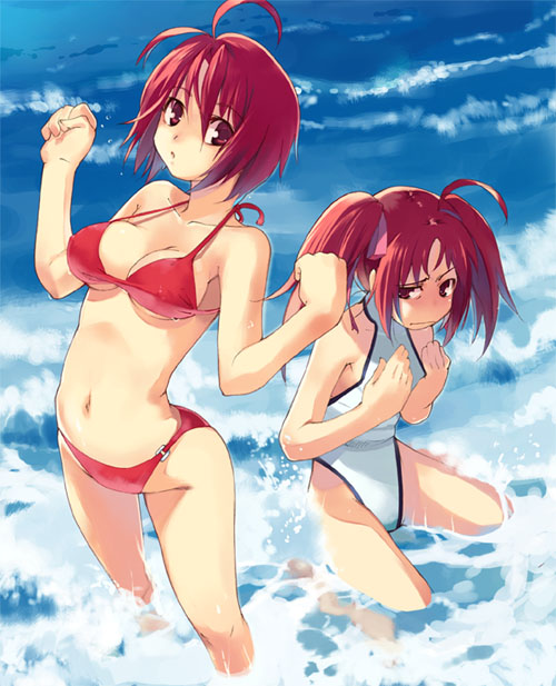 g yuusuke, lunamaria hawke, meyrin hawke, gundam, gundam seed, gundam seed destiny, 00s, 2girls, ahoge, beach, bikini, breast envy, breasts, casual one-piece swimsuit, day, halterneck, kneeling, multiple girls, navel, ocean, one-piece swimsuit, outdoors, red eyes, red hair, sea spray, short hair, siblings, sisters, sitting, string bikini, swimsuit, twintails, wading, wariza, water, white one-piece swimsuit