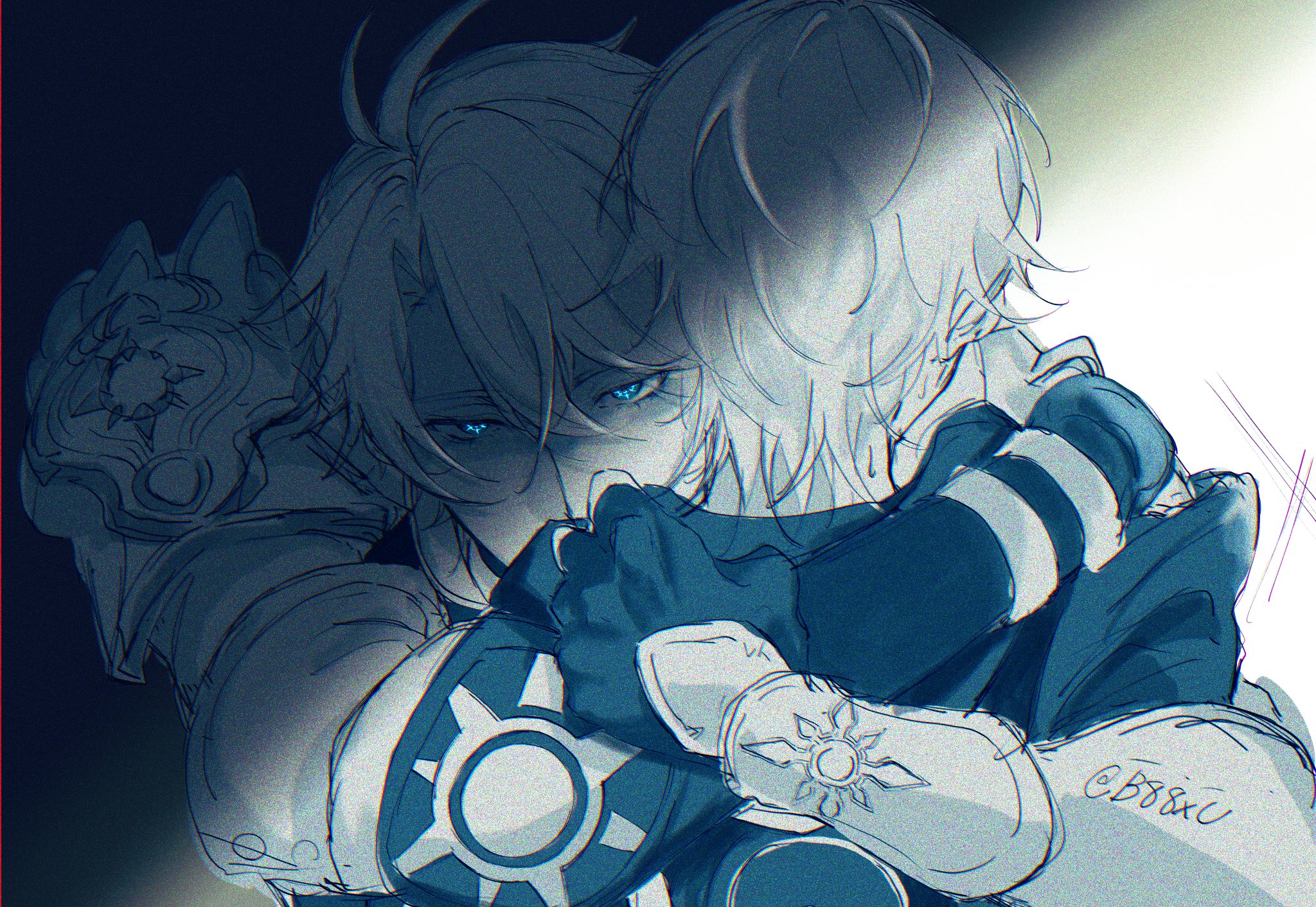 caelus (honkai: star rail), phainon (honkai: star rail), trailblazer (honkai: star rail), honkai: star rail, honkai (series), highres, 2boys, ahoge, antenna hair, armor, arms around neck, b88xu, blue eyes, blue theme, coat, fingerless gloves, gloves, glowing, glowing eyes, hair between eyes, hood, hood down, hooded jacket, hug, jacket, male focus, monochrome, multiple boys, pauldrons, shade, shaded face, short hair, shoulder armor, signature, simple background, single pauldron, twitter username, upper body, yaoi