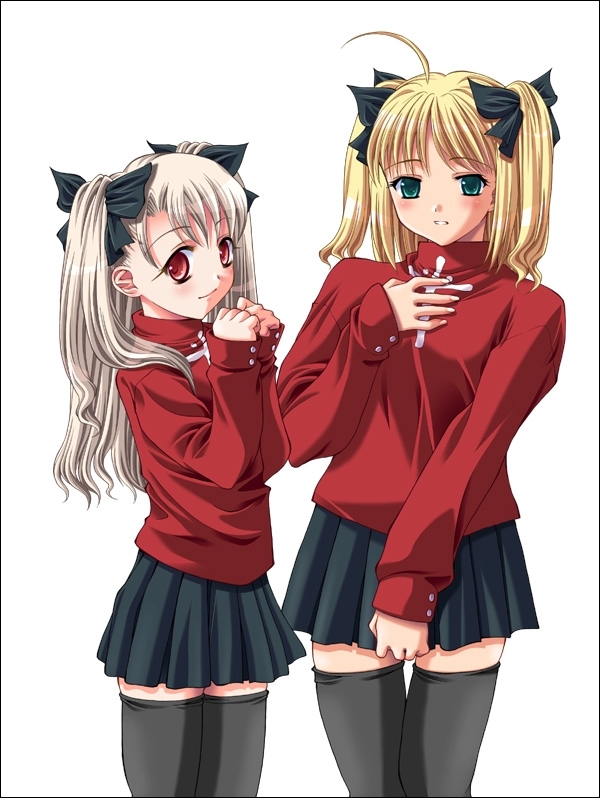 yoshida inuhito, artoria pendragon (fate), illyasviel von einzbern, saber (fate), tohsaka rin, fate/stay night, fate (series), artoria pendragon (all), black legwear, duplicate, 2girls, ahoge, albino, blonde hair, border, cosplay, cross, green eyes, long hair, long sleeves, multiple girls, red eyes, skirt, thighhighs, tohsaka rin (cosplay), turtleneck, twintails, two side up, white hair, zettai ryouiki