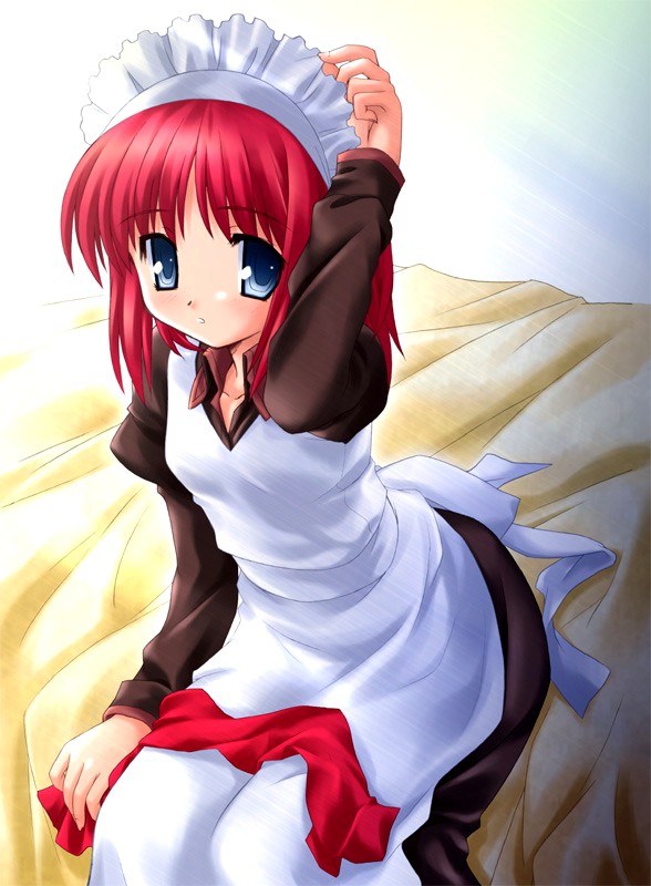 aoi kumiko, hisui (tsukihime), tsukihime, 00s, 1girl, bed, bed sheet, blue eyes, female focus, hand on headwear, long sleeves, looking at viewer, maid, maid headdress, red hair, short hair, sitting, solo
