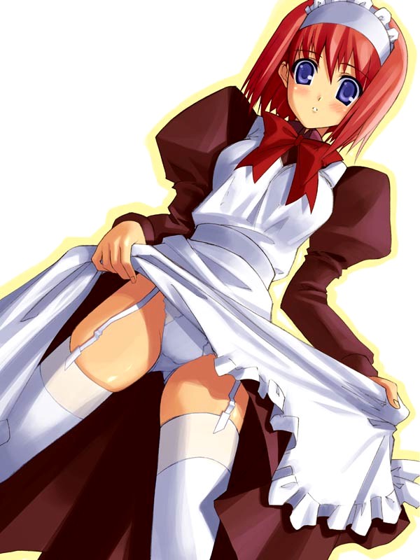 hisui (tsukihime), tsukihime, 00s, 1girl, apron, blue eyes, blush, clothes lift, dress, dress lift, female focus, garter belt, lingerie, long sleeves, maid, maid apron, maid headdress, panties, red hair, skirt, skirt lift, solo, thighhighs, underwear, upskirt, white panties, white thighhighs
