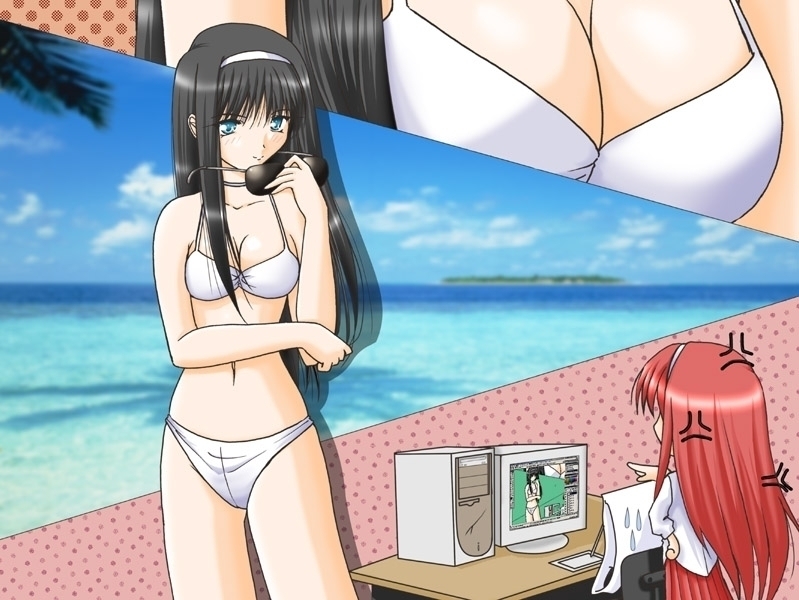tohno akiha, tsukihime, 00s, 2girls, anger vein, bikini, black hair, blue eyes, bow, breasts, cleavage, cloud, computer, computer tower, day, drawing tablet, dual persona, glasses, hairband, holding, holding removed eyewear, long hair, long skirt, medium breasts, monitor, multiple girls, ocean, outdoors, polka dot, red hair, skirt, sky, string bikini, sunglasses, swimsuit, unworn eyewear, white bikini, white hairband
