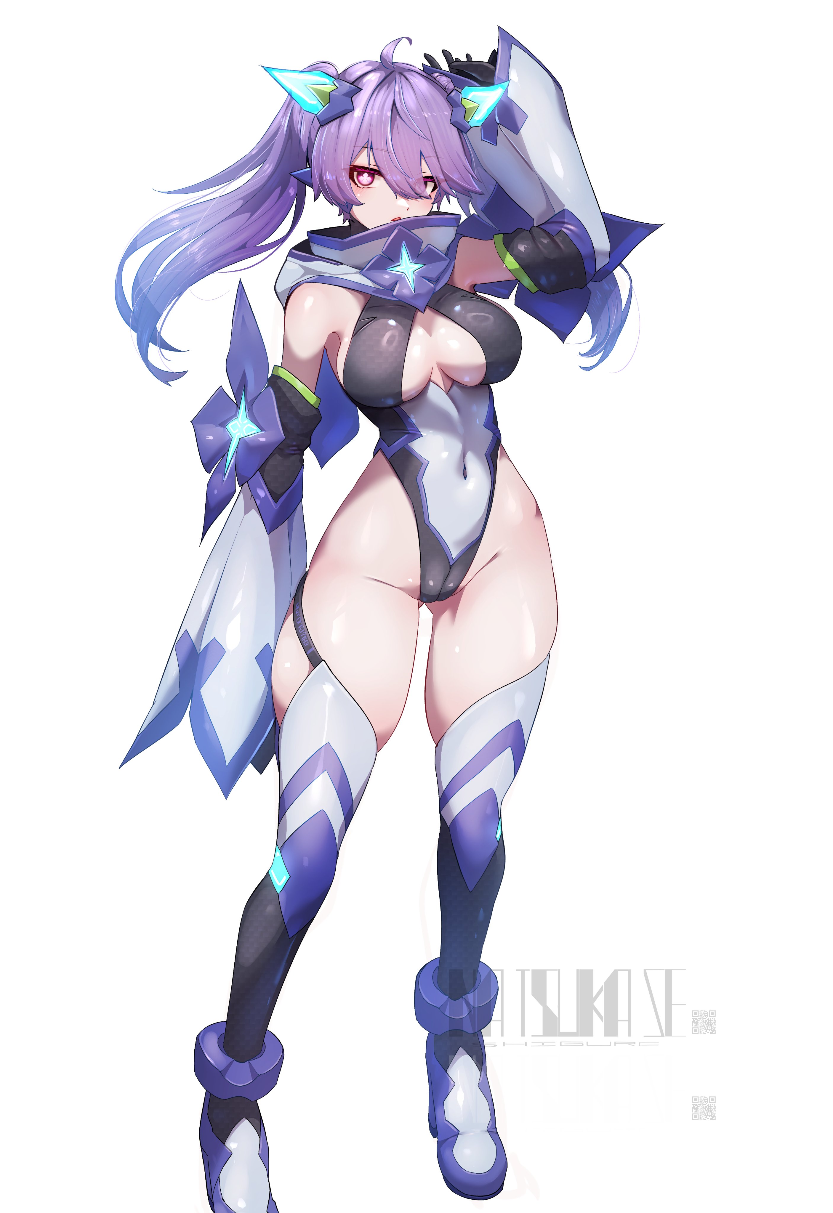 natsukaze shigure, original, absurdres, highres, 1girl, ahoge, arm up, artist name, bare shoulders, boots, breasts, cameltoe, cleavage, cleavage cutout, clothing cutout, covered navel, detached sleeves, full body, gloves, glowing, gluteal fold, hair between eyes, highleg, highleg leotard, hydrasia (natsukaze shigure), large breasts, leotard, long hair, looking at viewer, multicolored leotard, pink eyes, purple eyes, purple hair, qr code, red eyes, simple background, skindentation, solo, standing, symbol-shaped pupils, thighhighs, thighs, twintails, two-tone leotard, white background