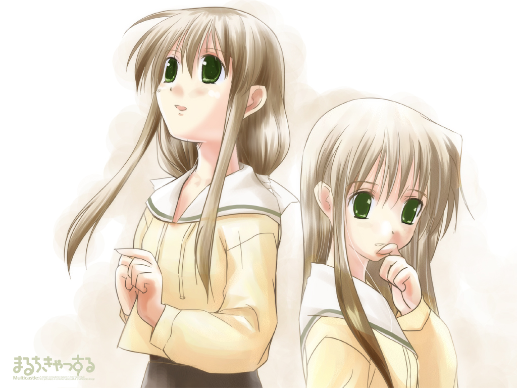 yuunagi rin, shirogane sara, shirogane souju, futakoi, 00s, 2girls, brown hair, green eyes, hand to own mouth, long hair, long sleeves, multiple girls, school uniform, serafuku, siblings, sisters, twins, white background