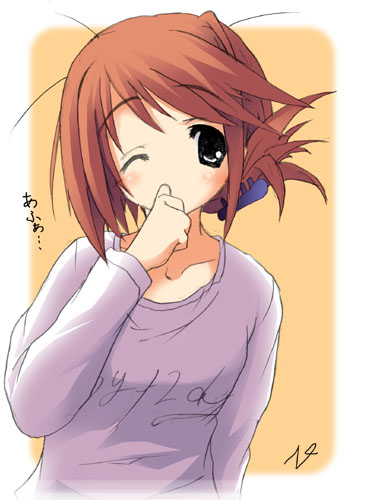 mizoguchi keiji, komaki manaka, to heart (series), to heart 2, lowres, translated, 00s, 1girl, blue eyes, blush, covering own mouth, female focus, folded ponytail, hair ornament, hairclip, hand over mouth, hand over own mouth, long sleeves, one eye closed, orange hair, red hair, short hair, solo, wink