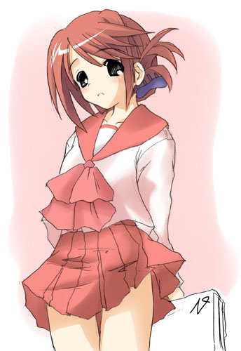 mizoguchi keiji, komaki manaka, to heart (series), to heart 2, lowres, 00s, 1girl, arms behind back, blouse, brown hair, female focus, folded ponytail, holding, pleated skirt, red hair, school uniform, serafuku, shirt, skirt, solo, white shirt