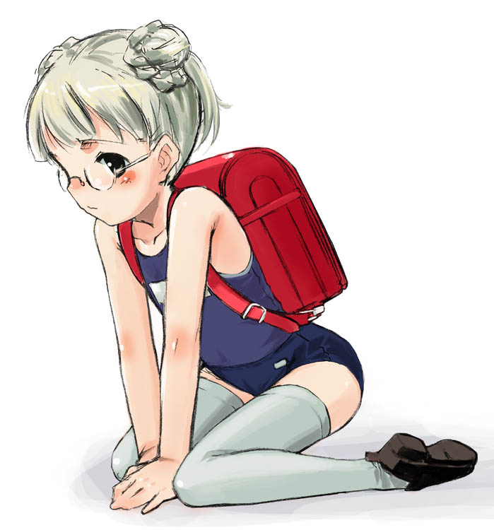 sody, original, silver hair, 1girl, arm support, backpack, bag, blue buruma, blush, buruma, double bun, female focus, glasses, grey eyes, grey thighhighs, hair bun, kneeling, leaning forward, loli, one-piece swimsuit, randoseru, school swimsuit, shoes, short hair, solo, swimsuit, thighhighs, v arms, white thighhighs