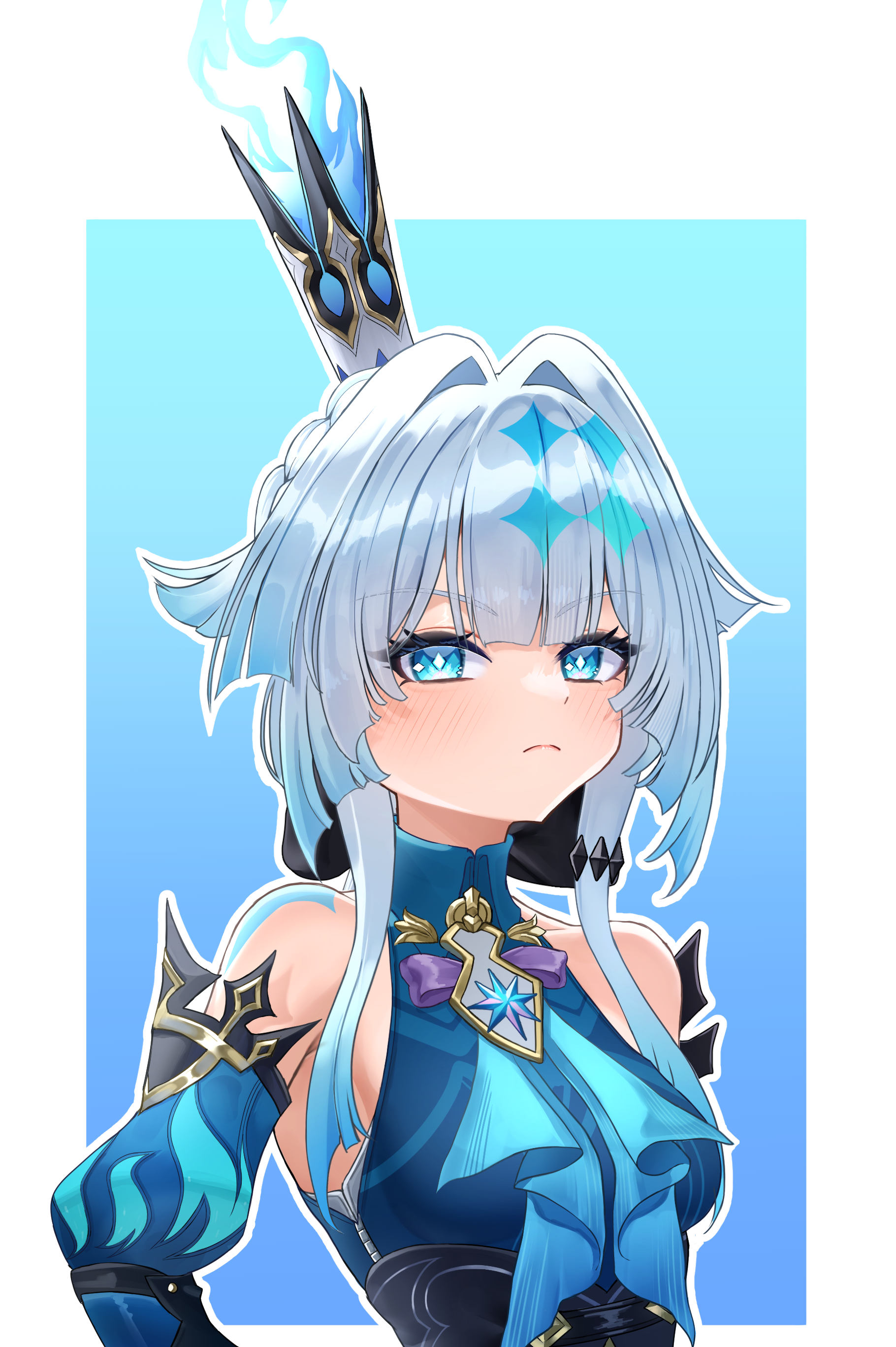 rua (rua0007113), cerydra (honkai: star rail), honkai: star rail, honkai (series), absurdres, commentary, highres, 1girl, bare shoulders, blue eyes, blue fire, breasts, crown, detached sleeves, fire, hair intakes, long hair, looking at viewer, mini crown, puffy sleeves, sleeveless, small breasts, solo, upper body, white hair