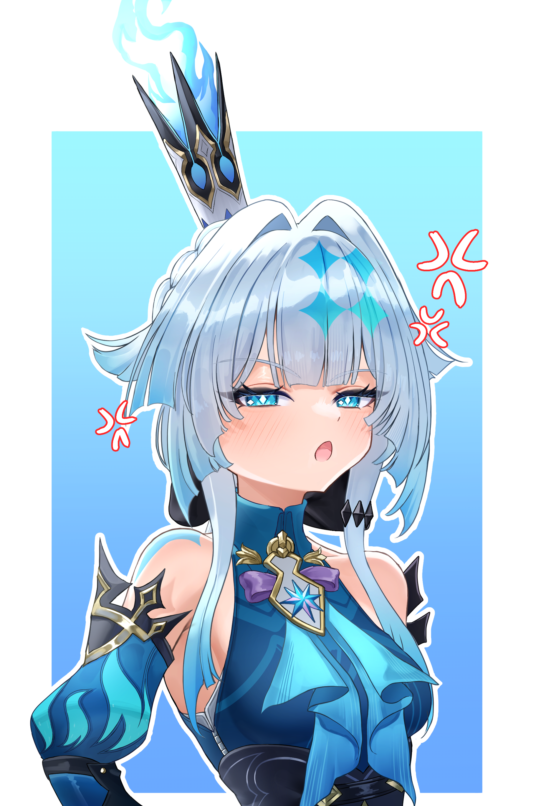 rua (rua0007113), cerydra (honkai: star rail), honkai: star rail, honkai (series), absurdres, commentary, highres, 1girl, anger vein, bare shoulders, blue eyes, blue fire, breasts, crown, detached sleeves, fire, hair intakes, long hair, looking at viewer, mini crown, open mouth, puffy sleeves, sleeveless, small breasts, solo, upper body, white hair