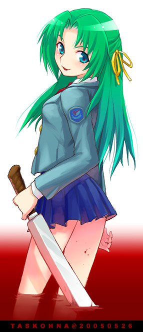 task owner, sonozaki shion, higurashi no naku koro ni, 00s, 1girl, 2005, billhook, blood, blue eyes, collared shirt, dated, female focus, green hair, half updo, hashitsuki nata, hatchet, holding, long hair, long sleeves, nata (tool), school uniform, shirt, skirt, solo, wading, yandere