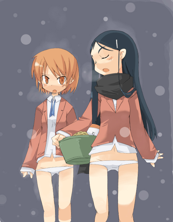 mamo williams, misumi nagisa, yukishiro honoka, futari wa precure, precure, 00s, 2girls, :o, black hair, blazer, blush, brown eyes, brown hair, brown jacket, bucket, closed eyes, flat chest, jacket, long hair, long sleeves, lowleg, lowleg panties, multiple girls, no pants, panties, purple hair, scarf, school uniform, short hair, sleeves past wrists, snow, snowing, sponge, thigh gap, thighs, underwear, verone gakuin school uniform, white panties, yuk
