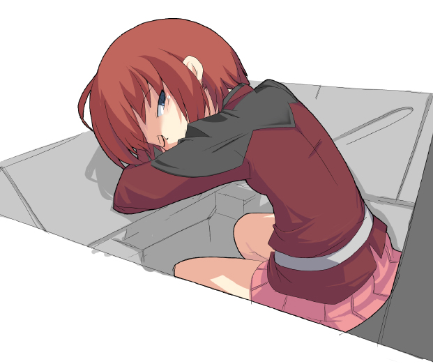 mamo williams, lunamaria hawke, gundam, gundam seed, gundam seed destiny, 00s, 1girl, belt, blue eyes, female focus, long sleeves, military, military uniform, pink skirt, red hair, short hair, sitting, skirt, sleepy, solo