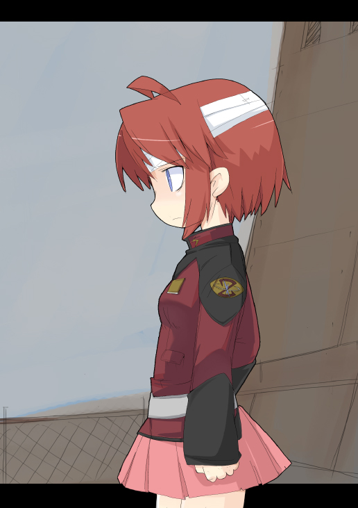 mamo williams, lunamaria hawke, gundam, gundam seed, gundam seed destiny, 00s, 1girl, ahoge, bandages, belt, blue eyes, female focus, letterboxed, long sleeves, military, military uniform, pink skirt, red hair, short hair, skirt, solo