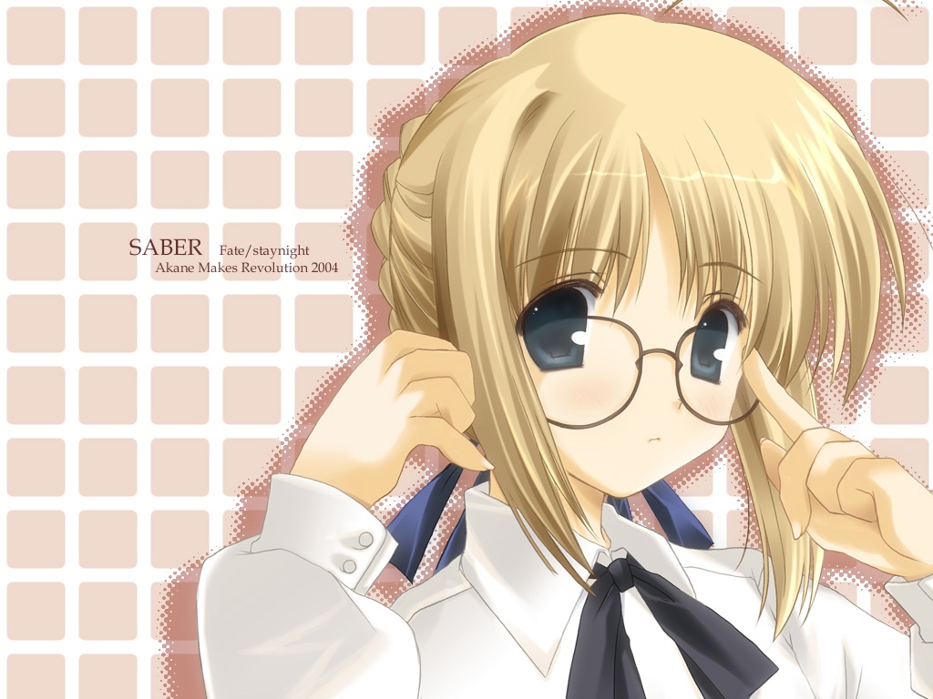ikegami akane, artoria pendragon (fate), saber (fate), fate/stay night, fate (series), 00s, 1girl, 2004, adjusting eyewear, ahoge, aqua eyes, artist name, bespectacled, blonde hair, blouse, character name, copyright name, dated, female focus, glasses, long sleeves, shirt, solo