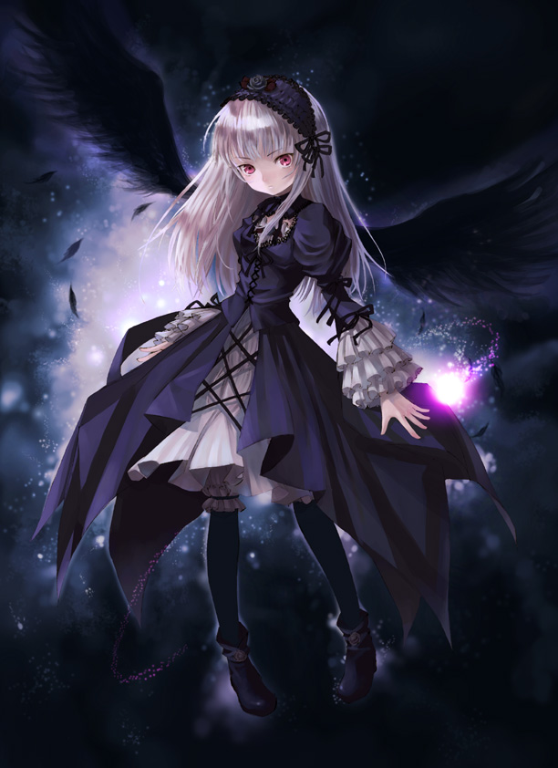 kishida mel, suigintou, rozen maiden, silver hair, duplicate, 00s, 1girl, black theme, black wings, dark, dress, feathers, female focus, frills, goth fashion, gothic lolita, hairband, lolita fashion, long hair, pink eyes, solo, thighhighs, wings
