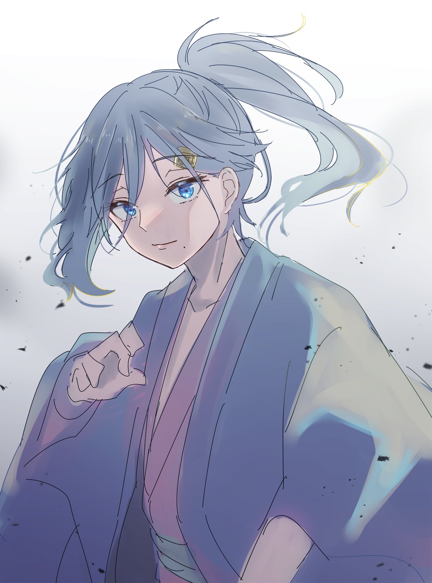 cecilus segmunt, re:zero kara hajimeru isekai seikatsu, highres, ahoge, blue eyes, blue hair, closed mouth, debris, glowing, gradient hair, hair between eyes, hair ornament, hand up, japanese clothes, kimono, layered clothes, long hair, looking at viewer, mole, mole under mouth, multicolored hair, open clothes, oshi suko1, ponytail, sash, simple background, smile, upper body, white background, yukata