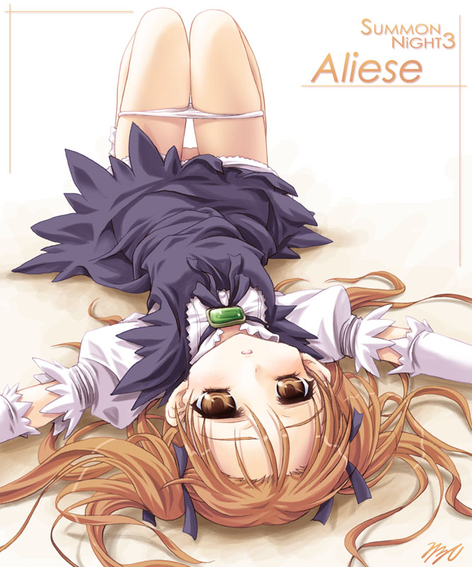miyama-zero, aliese martini, summon night, summon night 3, 1girl, brooch, character name, copyright name, dress, elbow gloves, female focus, gloves, jewelry, long hair, lying, on back, orange eyes, orange hair, panties, panty pull, solo, thighs, twintails, underwear, white gloves, white panties