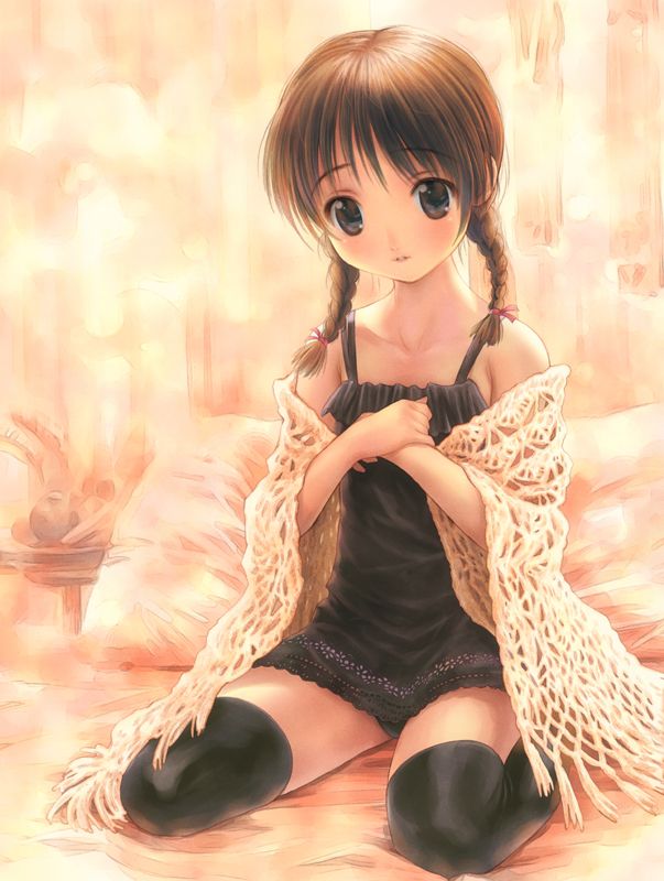 goto p, original, duplicate, 1girl, bed, black panties, black thighhighs, braid, brown hair, chemise, female focus, flat chest, hair over shoulder, kneeling, lingerie, loli, off shoulder, panties, pillow, shawl, solo, thighhighs, twin braids, twintails, underwear